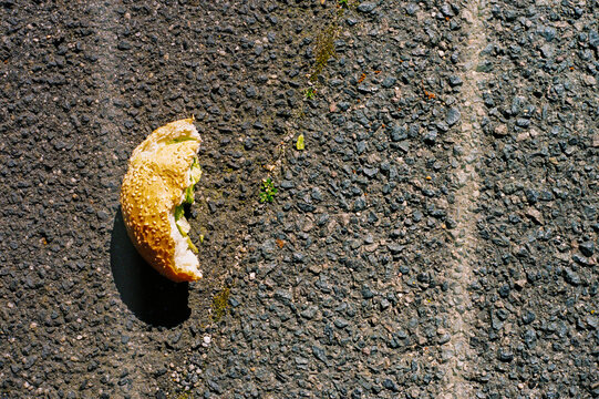 Film photo of a Leftover Bite of burguer on Asphalt Pathway