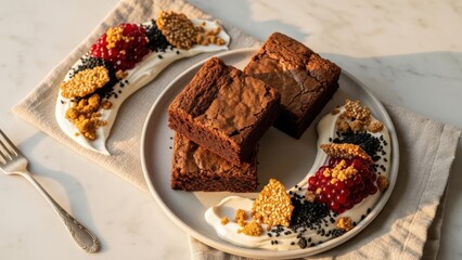 Gourmet chocolate brownies served with cream, berry compote, and crunchy toppings on a plate with a napkin and fork