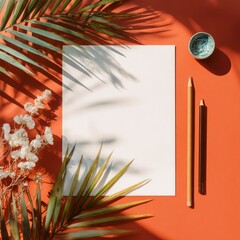 marketing document mockup with pencil and foliage