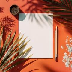 marketing document mockup with pencil and foliage