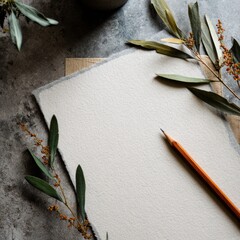 letterhead paper on desk with pencil and greenery layout
