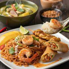 Delicious Thai dish with shrimp noodles and spring rolls
