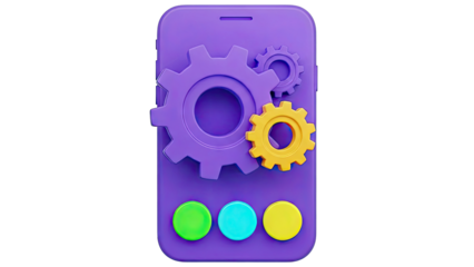 3D Render of Purple Smartphone with Gears and Buttons