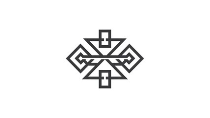 Geometric black and white symmetrical pattern with interlocking shapes and lines forming a diamond-like structure