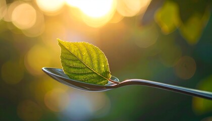 crisp close-up of summer sunlight and leaves reflected on a metal teaspoon