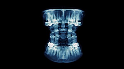 maxillary. An X-ray film showing the bone outline of the maxillary region against a black background. STEM education sheets, lab safety posters, designed for biotech research communications.