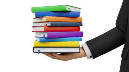 Hand holding stack of colorful books