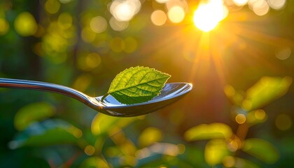 crisp close-up of summer sunlight and leaves reflected on a metal teaspoon