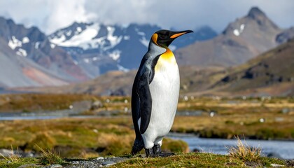 Fototapeta premium A majestic penguin stands tall in its natural habitat. The vibrant plumage complements the rugged mountainous landscape in the background