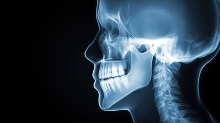 maxillary. An X-ray film showing the bone outline of the maxillary region against a black background. STEM education sheets, lab safety posters, designed for biotech research communications.
