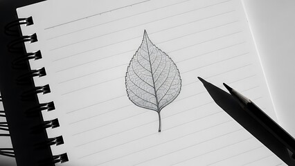 Detailed leaf drawing in a notebook with pencil