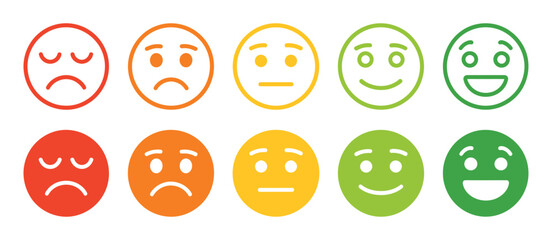 Satisfaction rating expression vector graphic showing emotes, happy and sad faces, feedback symbols, and user experience illustration for surveys.