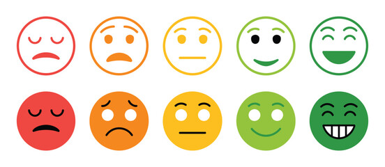 Satisfaction rating expression vector graphic showing emotes, happy and sad faces, feedback symbols, and user experience illustration for surveys.