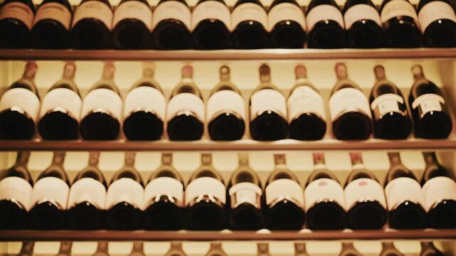 Rows of wine bottles neatly arranged on softly lit shelves in a wine cellar or restaurant interior
