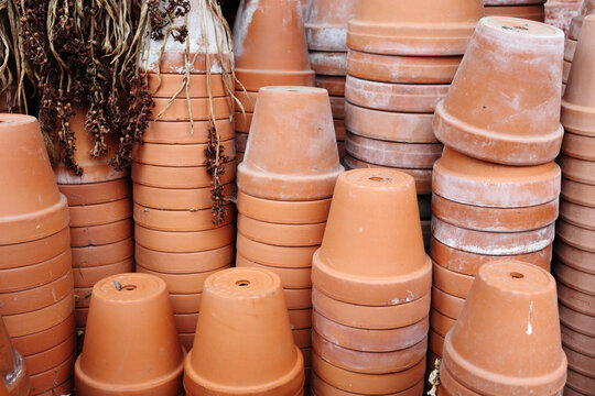 Pile of terracotta flowerpots