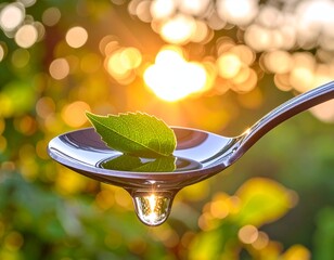 crisp close-up of summer sunlight and leaves reflected on a metal teaspoon