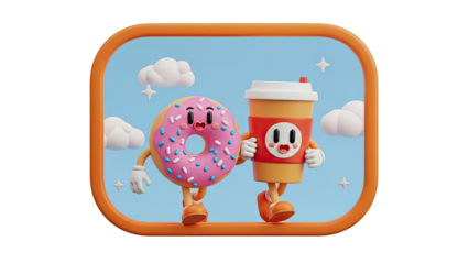 Cartoon Donut and Coffee Cup Characters Walking Together