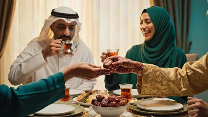 Muslim family breaking fast together during Ramadan enjoying dates and tea at Iftar meal.