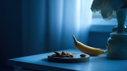 nightstand. A few almonds and a banana on a nightstand in cool blue moonlight. menu design, packaging mockups, designed for culinary blogs and recipe cards for restaurants, used by sports marketers.