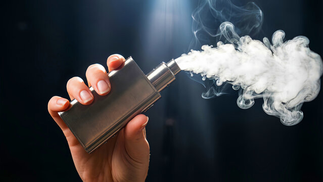 A close-up perspective captures a hand holding a metallic box mod vape device actively producing dense clouds of white vapor against a dark background.