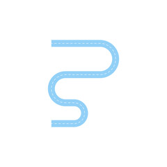 Curving blue road with dashed white lines on a white background