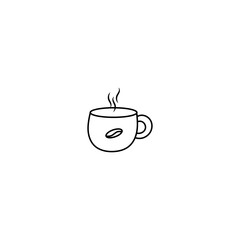 A minimalist line drawing of a steaming cup of coffe with a coffe bean design on the side, perfect for beverage branding