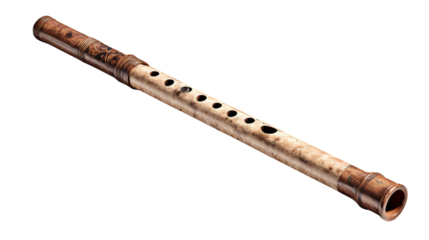 Vintage woodwind flute isolated, traditional folk music instrument cut out with transparent background