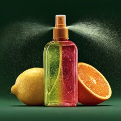 Spray bottle with citrus fruit and mist against dark background liquid perfume