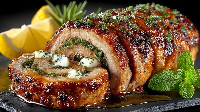 Sliced roasted pork loin stuffed with herbs and cheese Keywords: food, meat, pork, roast
