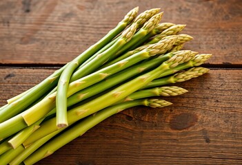 Fresh green asparagus spears bundled together on rustic wooden surface, plant, vegetable