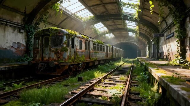 An abandoned, heavily rusted subway train sits motionless on overgrown tracks inside a decaying, sunlit, forgotten underground station tunnel.