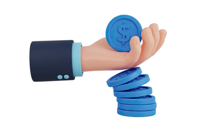 Hand holding and stacking blue dollar coins