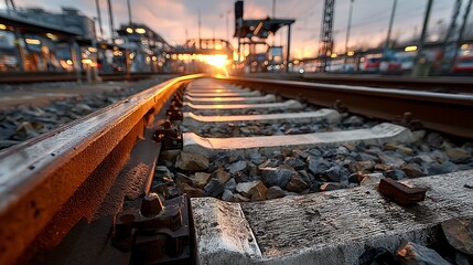 Train tracks at sunset with blurred station lights in background railway railroad