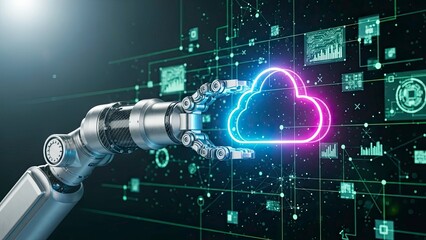 Robotic Arm Accessing a Glowing Cloud Icon in a Futuristic Data Network