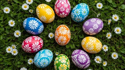 Happy easter eggs decorated in colorful patterns on green grass with white flowers