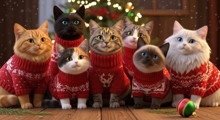 Seven Adorable Cats Wearing Red Christmas Sweaters in Festive Setting