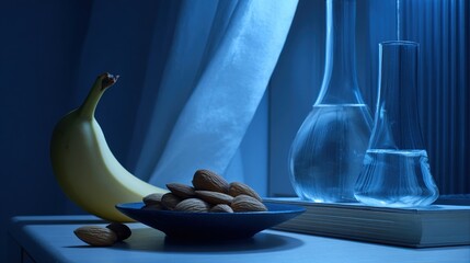 nightstand. A few almonds and a banana on a nightstand in cool blue moonlight. menu design, packaging mockups, designed for culinary blogs and recipe cards for restaurants, used by sports marketers.
