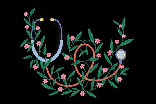 A Stethoscope encircled by plants