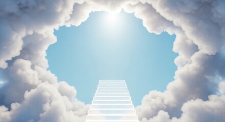 Heavenly White Stairway Leading Up Through Fluffy Clouds to Bright Blue Sky