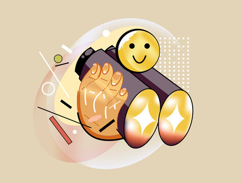 Hand holding binoculars with smiley, positive vision and opportunity