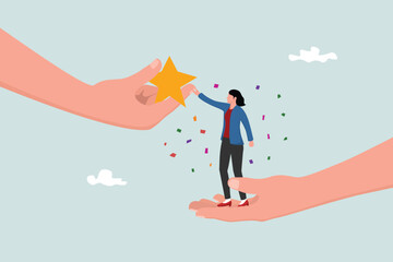 Obraz premium Recognition of employee success, encouraging and motivating best performance, concept of success or achievement, winning self-confidence, female entrepreneurs standing on big hands getting star awards