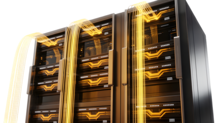 Data server racks with glowing orange fiber optic cables transmitting information, digital network flow, technology concept.