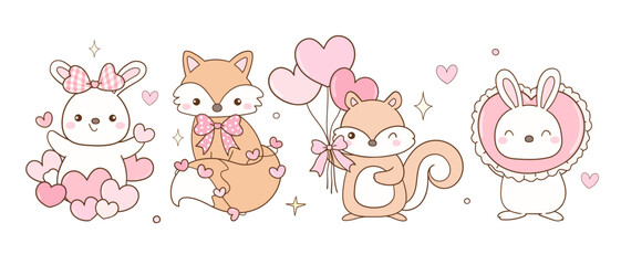Obraz premium Draw vector sweet woodland animal in love Happy forest Fox Bunny Squirrel Valentines day Doodle cartoon illustration