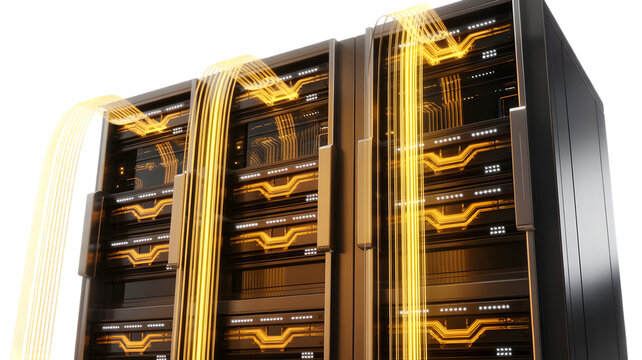 Data server racks with glowing orange fiber optic cables transmitting information, digital network flow, technology concept. - Powered by Adobe