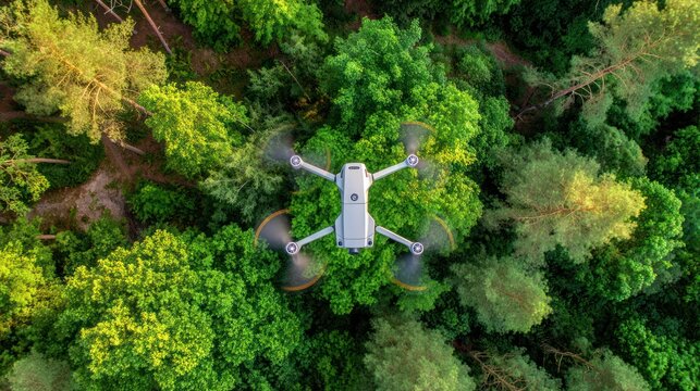 Aerial shot shows a hovering camera device, above a lush green forest, sunlight dappled