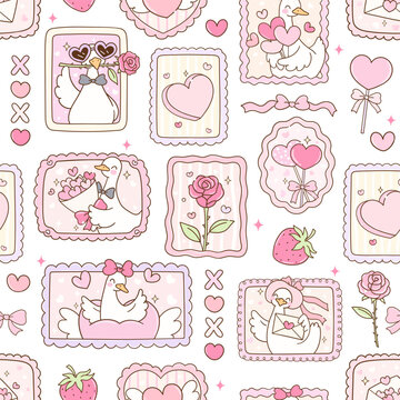 Valentine goose seamless pattern Love duck background Printable for kids Digital pater Doodle cartoon style