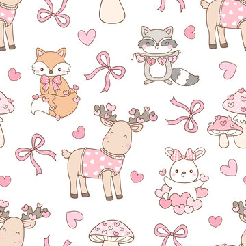 Woodland valentine seamless pattern Love forest background Printable for kids Digital pater Doodle cartoon style