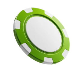 Green casino poker chip with white center and circular design, isolated on transparent background
