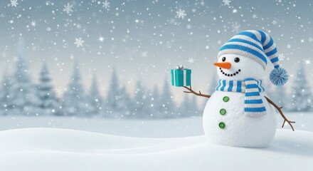 Winter Snowman Holding Small Teal Gift Box in Snowy Landscape