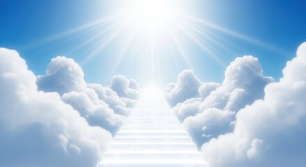 Bright White Stairway to Heaven Through Fluffy Clouds and Shining Sun